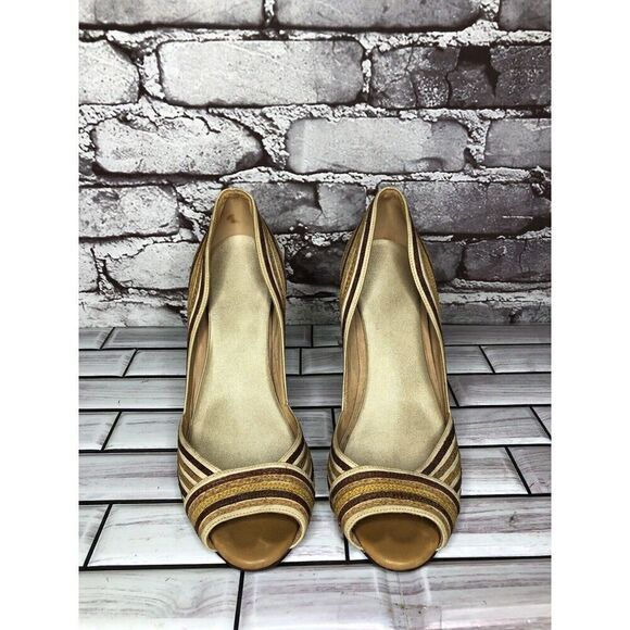 Marcello Toshi Gold Brown Stripe Fabric Peep Toe 5” High Heels Women Sz 6M US/37 - Picture 3 of 16